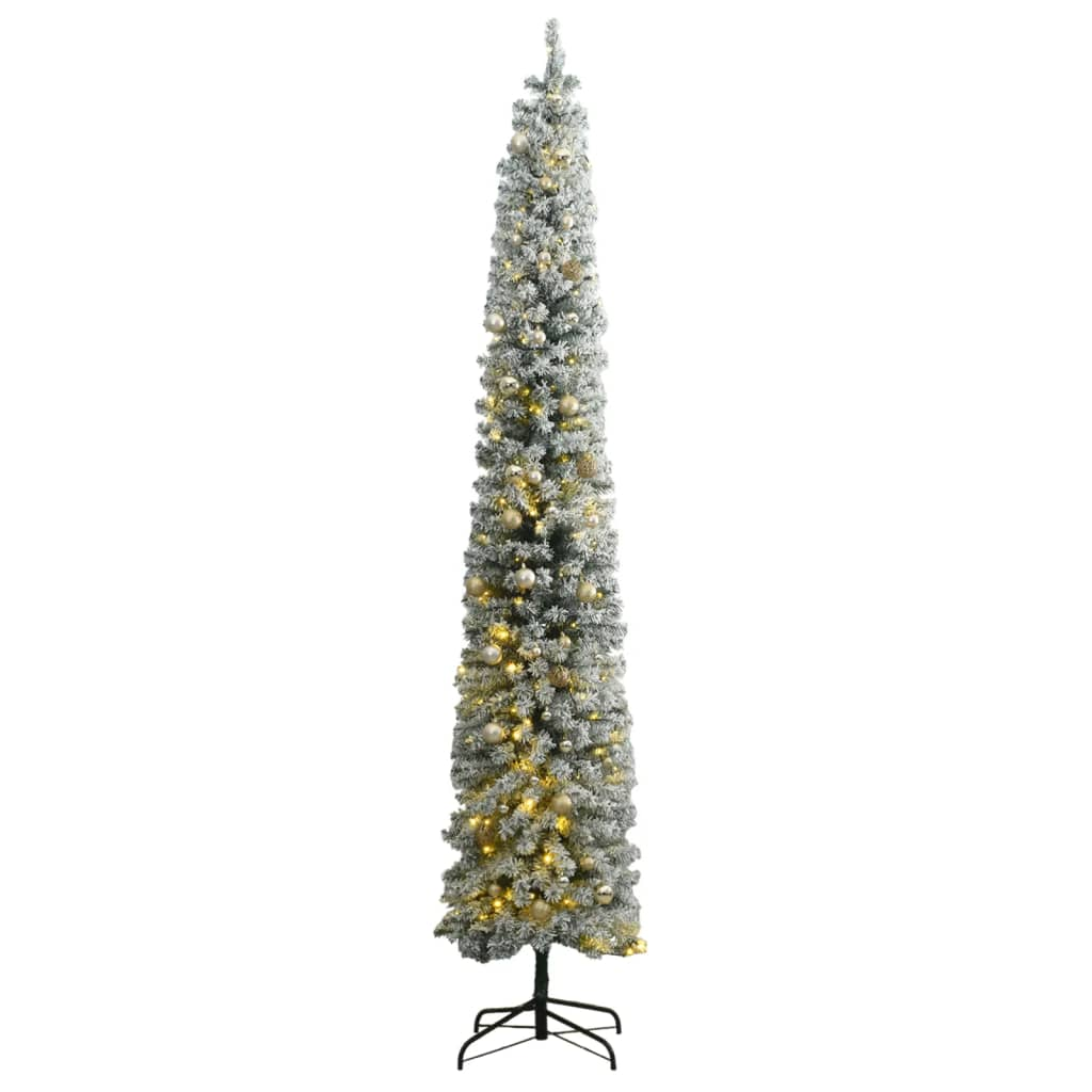 Slim Christmas Tree 300 LEDs & Ball Set & Flocked Snow 118.1"