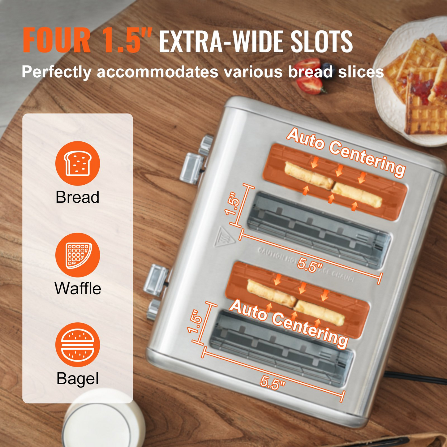 VEVOR Retro Stainless Steel Toaster, 4 Slice, 1625W 1.5'' Extra Wide Slots Toaster with Removable Crumb Tray 6 Browning Level, Reheat Cancel Defrost and Bagel Functions for Toasting Bread Bagel Waffle