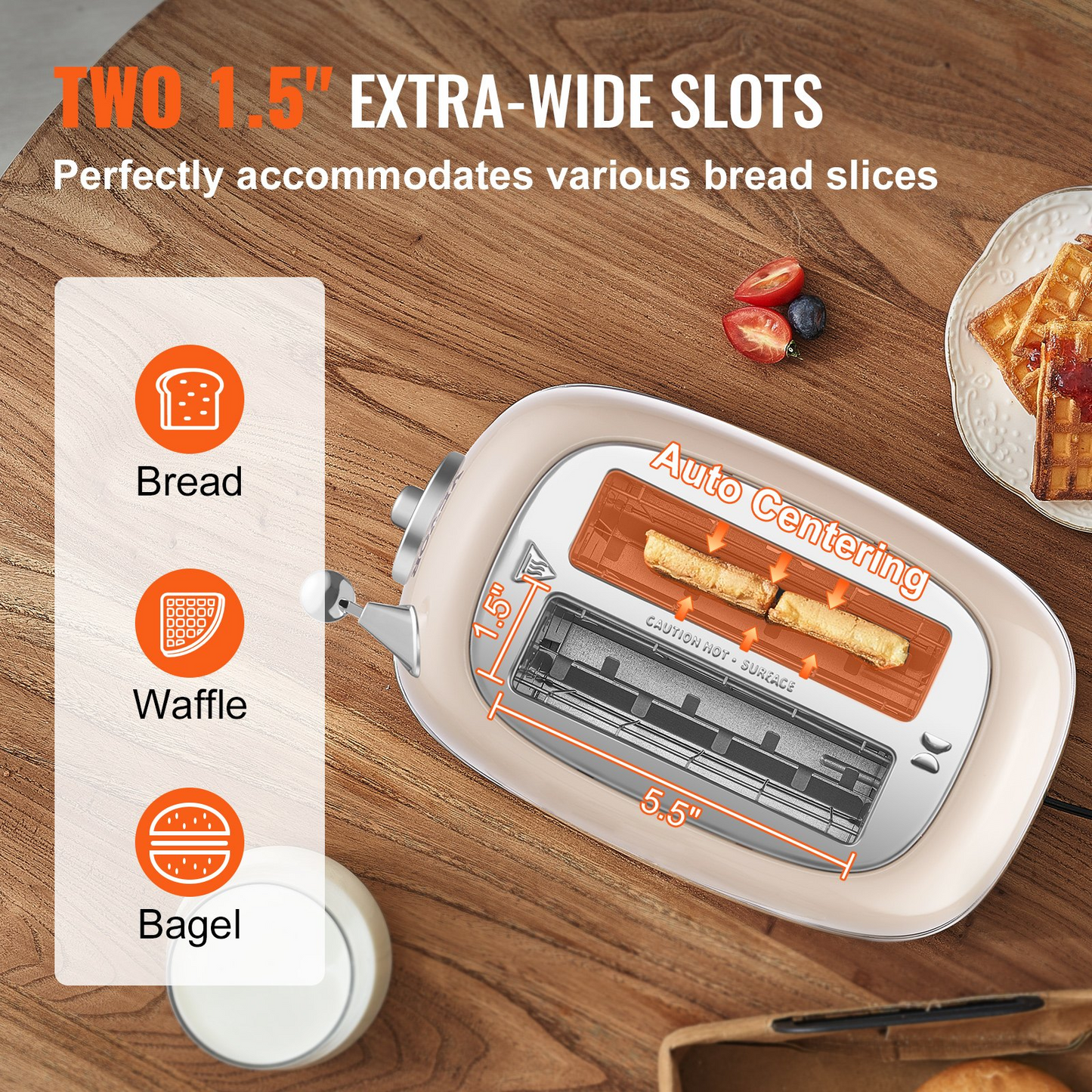 VEVOR Brushed Stainless Steel Toaster, 2 Slice, 825W 1.5'' Extra Wide Slots Toaster with Removable Crumb Tray 5 Browning Levels, Cancel Defrost and Bagel Functions for Toasting Bread Bagel Waffle