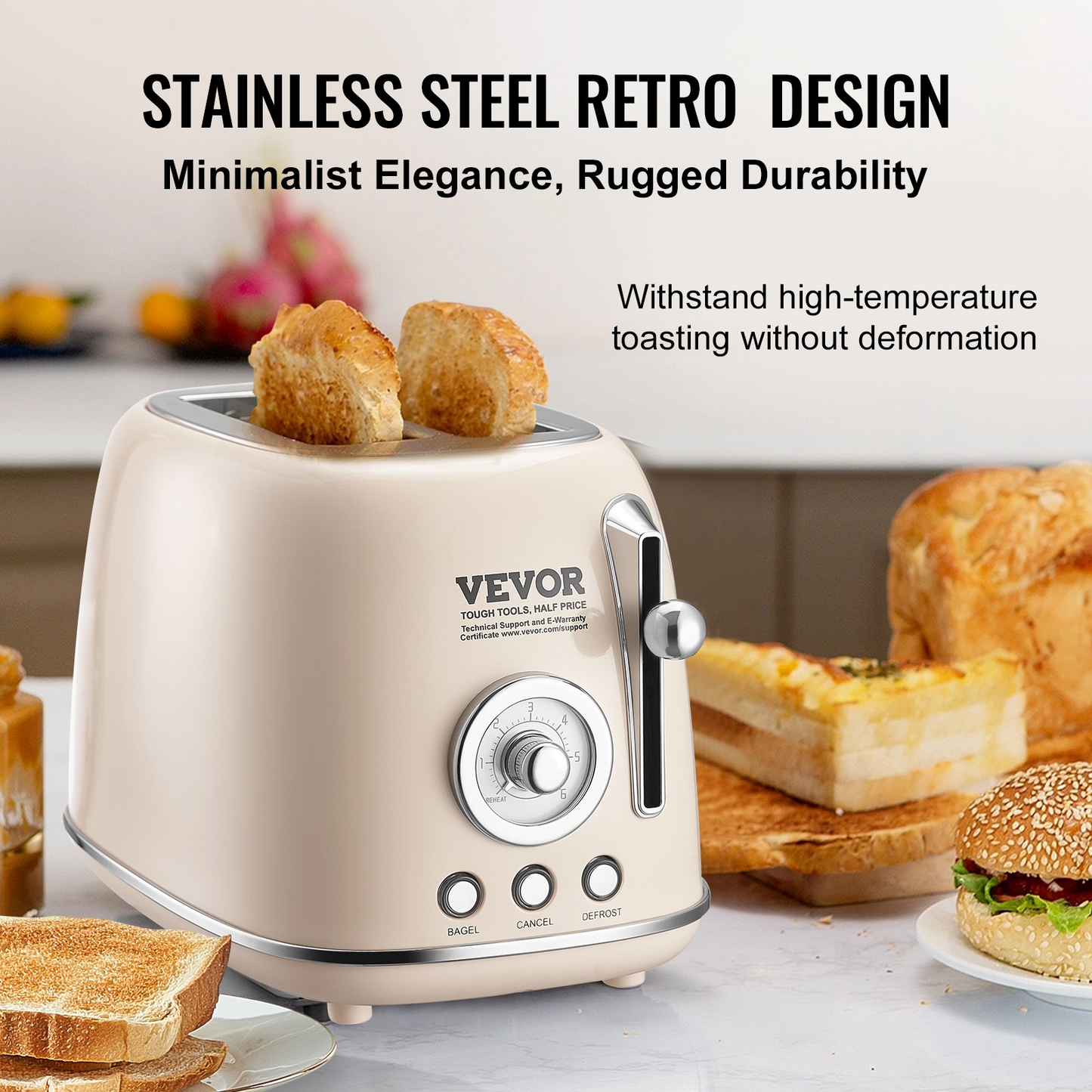 VEVOR Brushed Stainless Steel Toaster, 2 Slice, 825W 1.5'' Extra Wide Slots Toaster with Removable Crumb Tray 5 Browning Levels, Cancel Defrost and Bagel Functions for Toasting Bread Bagel Waffle