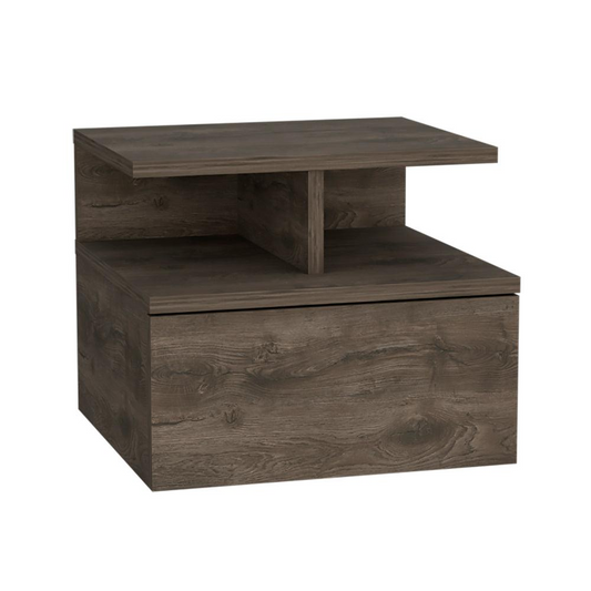 Nightstand, Wall Mounted with Single Drawer and 2-Tier Shelf, Dark Walnut