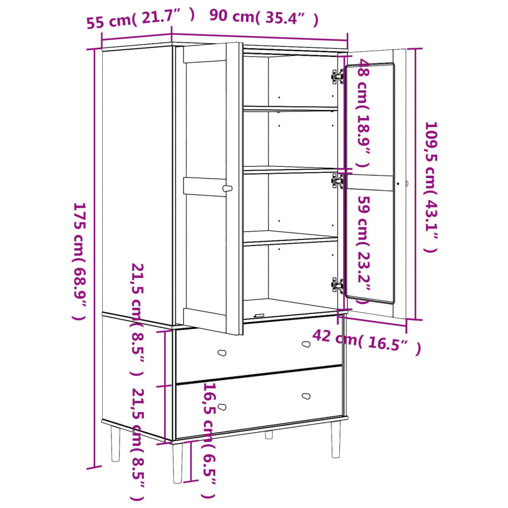 Wardrobe SENJA Rattan Look White 35.4"x21.7"x68.9" Solid Wood Pine