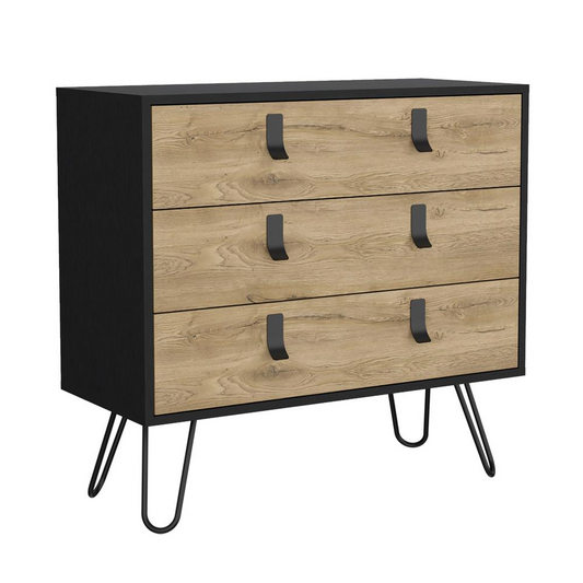 3-Drawer Dresser, Modern Chest of Drawers with Hairpin Legs and Metal Accents