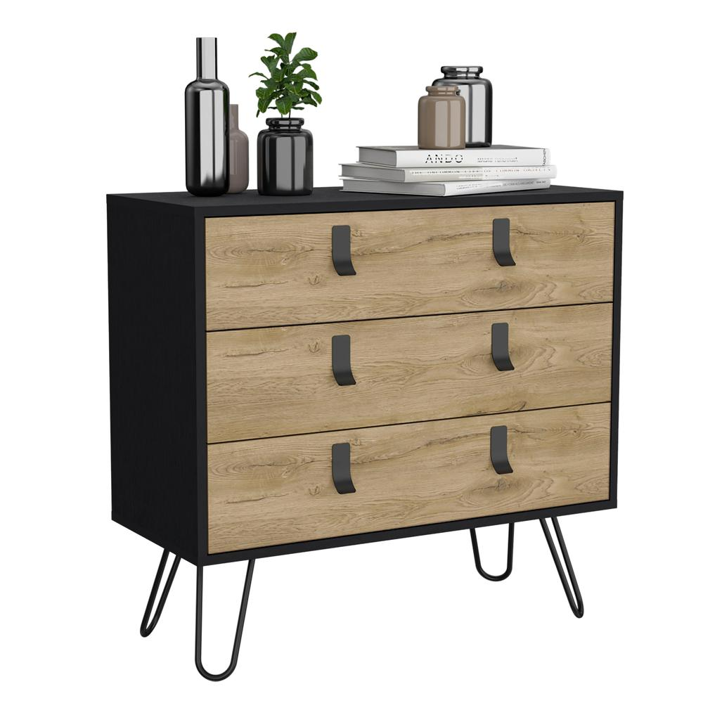 3-Drawer Dresser, Modern Chest of Drawers with Hairpin Legs and Metal Accents