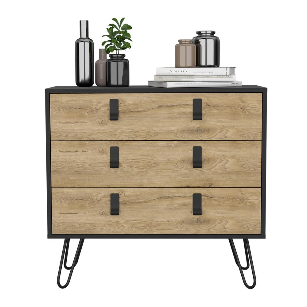 3-Drawer Dresser, Modern Chest of Drawers with Hairpin Legs and Metal Accents