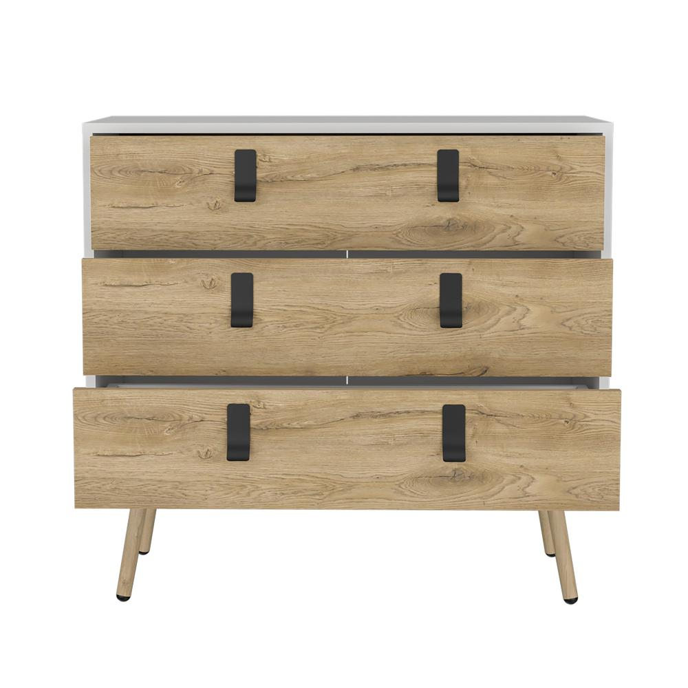 Toka 3 Drawers Dresser with Handles and Wooden Legs, White / Macadamia -Bedroom