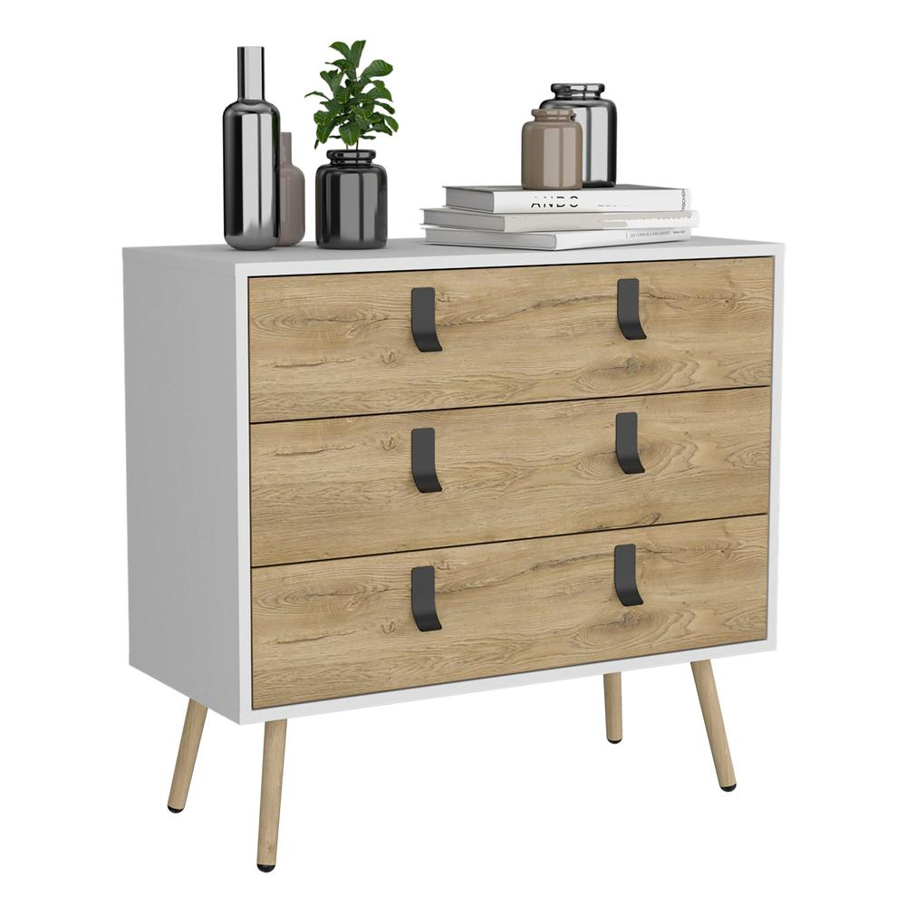 Toka 3 Drawers Dresser with Handles and Wooden Legs, White / Macadamia -Bedroom