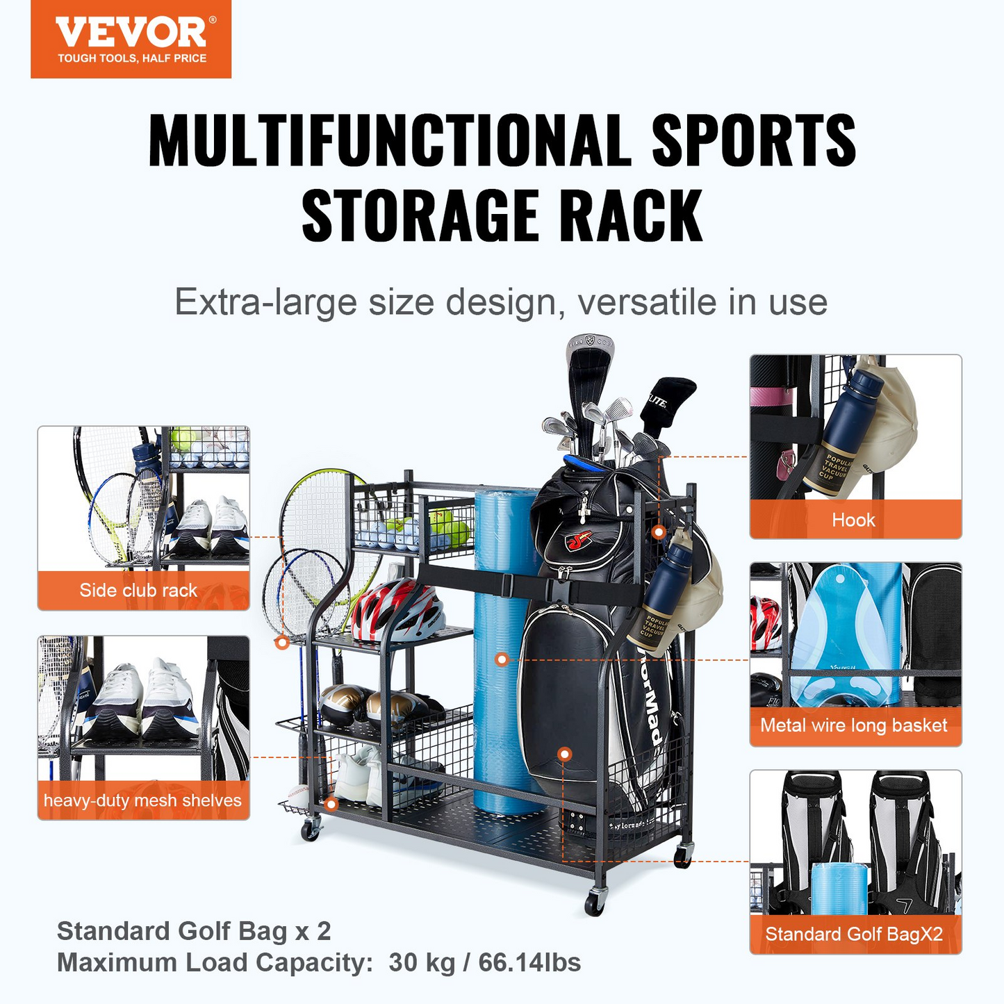 Golf Storage Garage Organizer, 2 Golf Bag Stand Holder and Other Sports Equipment Storage Rack, Rolling Ball Cart on Wheels, Outdoor Sport Gear and Toy Storage with Baskets & Hooks, Steel, Black