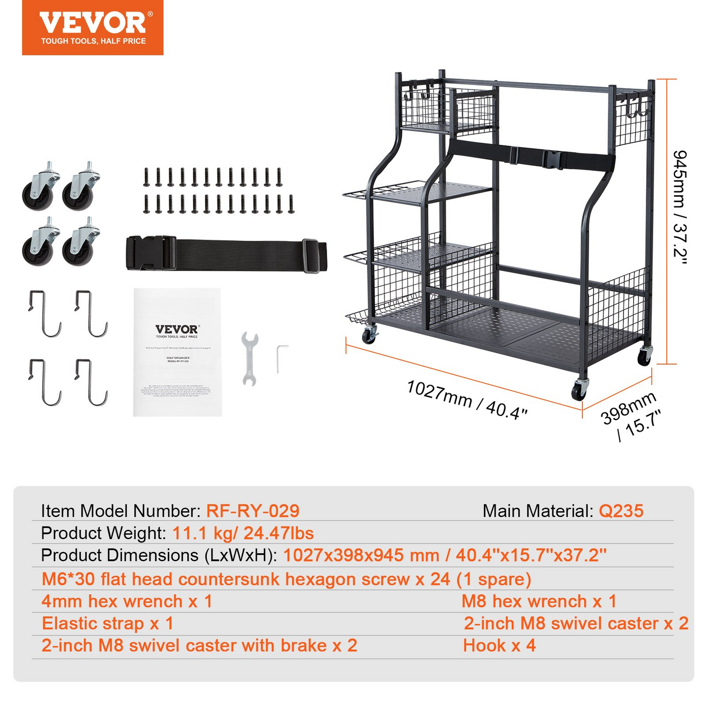 Golf Storage Garage Organizer, 2 Golf Bag Stand Holder and Other Sports Equipment Storage Rack, Rolling Ball Cart on Wheels, Outdoor Sport Gear and Toy Storage with Baskets & Hooks, Steel, Black