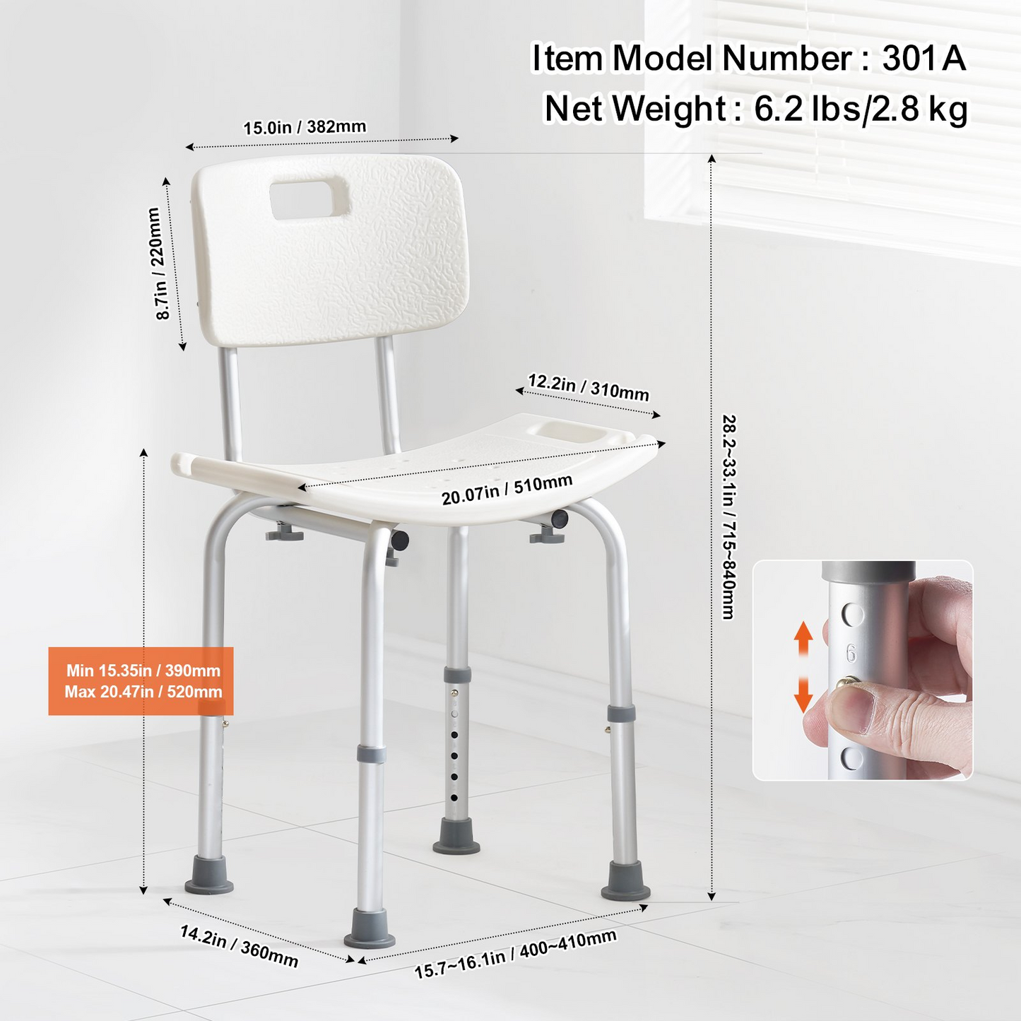 Shower Chair, Shower Seat with Back, Adjustable Height Shower Stool, Shower Chair for Inside Shower Bathtub, Non-slip Bathroom Bench Bath Chair for Elderly Disabled Handicap, 350 lbs Capacity