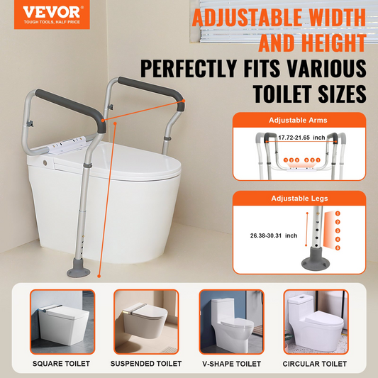 Toilet Safety Rail, Bathroom Toilet Seat Frame, Adjustable Width & Height Fit Most Toilets, Supports 300lbs, Toilet Handles Grab Bars with Padded Armrests for Handicap, Disabled, Seniors