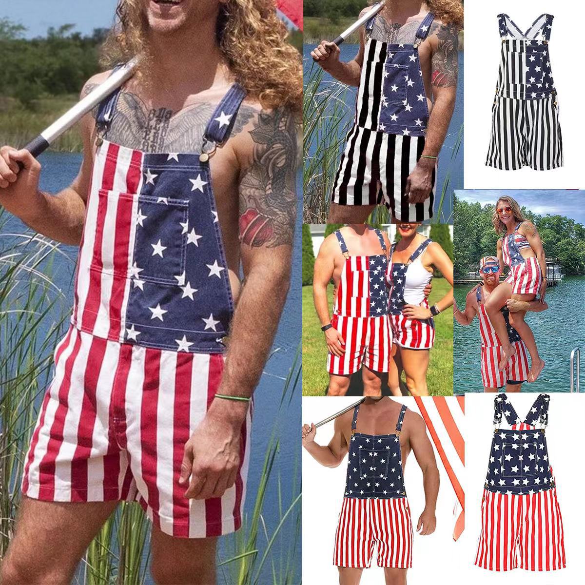 American Independence Day Flag Couple Overalls