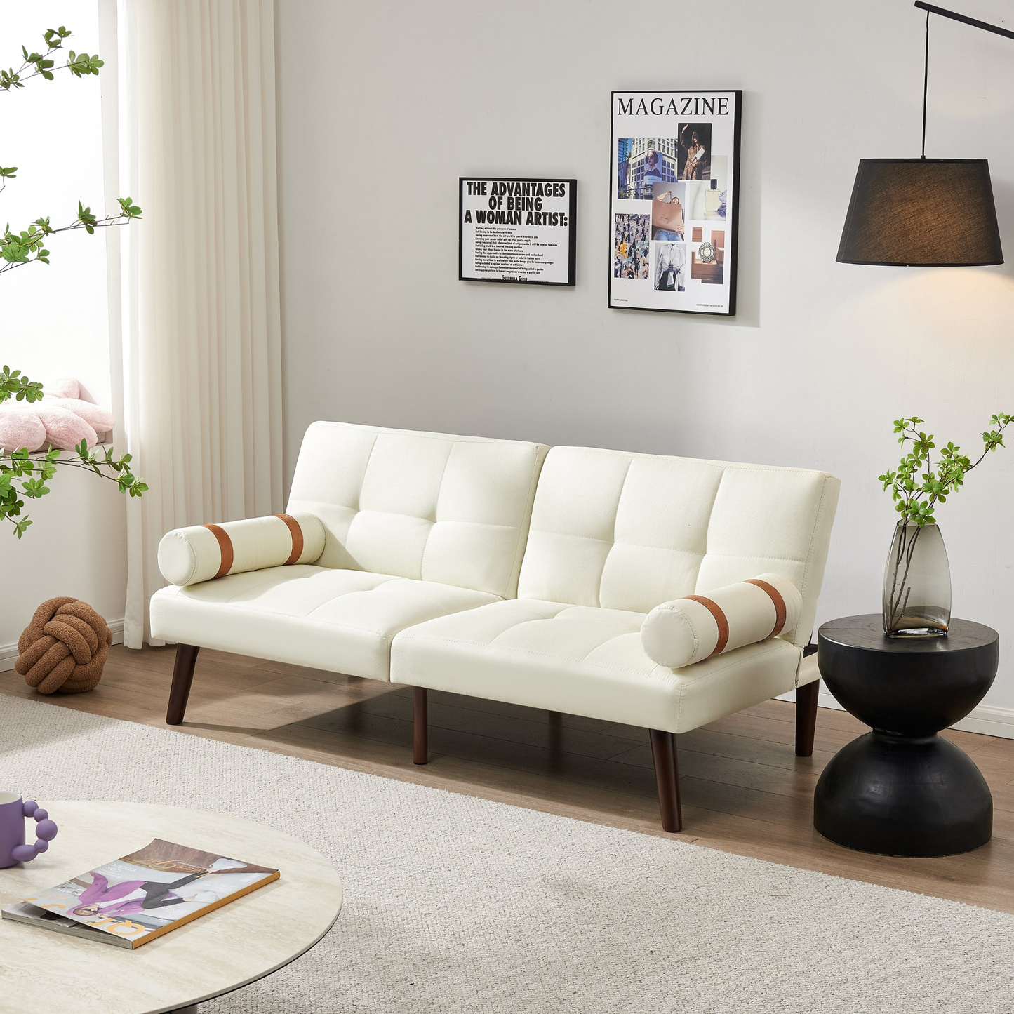 Convertible Sofa Bed Futon with Solid Wood Legs Linen Fabric Ivory