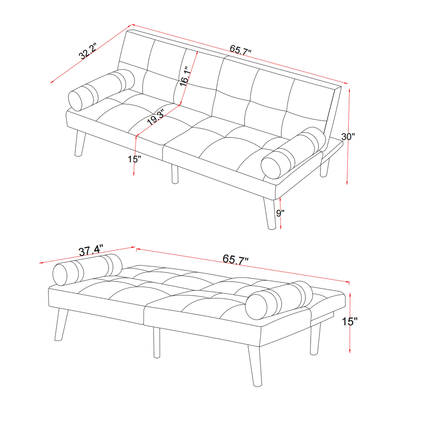 Convertible Sofa Bed Futon with Solid Wood Legs Linen Fabric Ivory