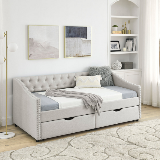 Twin Upholstered Tufted Sofa Bed, Beige (81.5''x41''x30.5'')