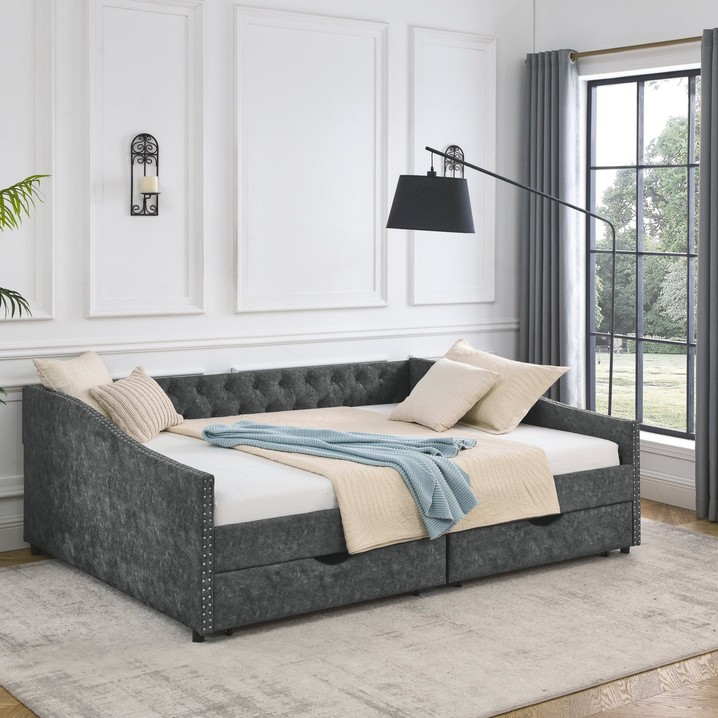 Queen Daybed with Drawers Upholstered, Grey (84.5"x63.5"x26.5")