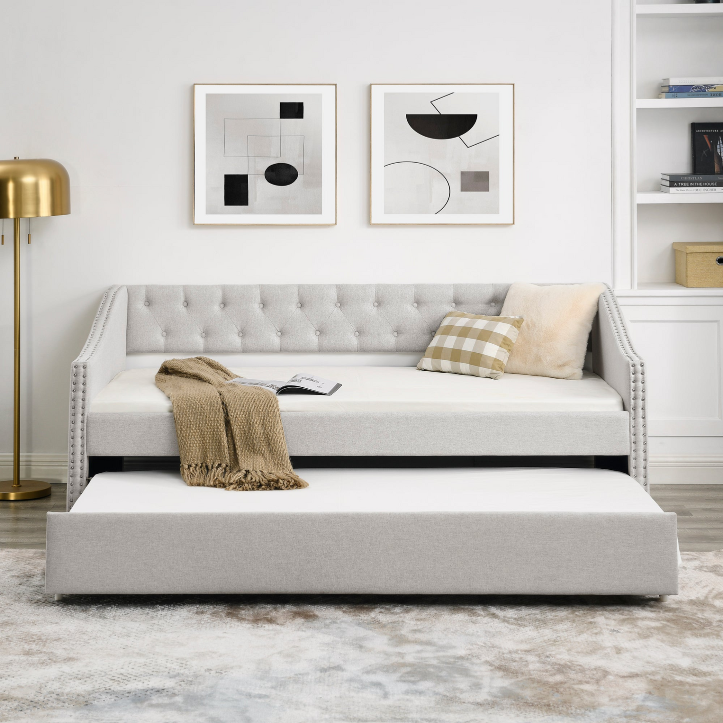 Twin Size Daybed with Twin Size Trundle Upholstered Beige (80.5"x41"x30.5")