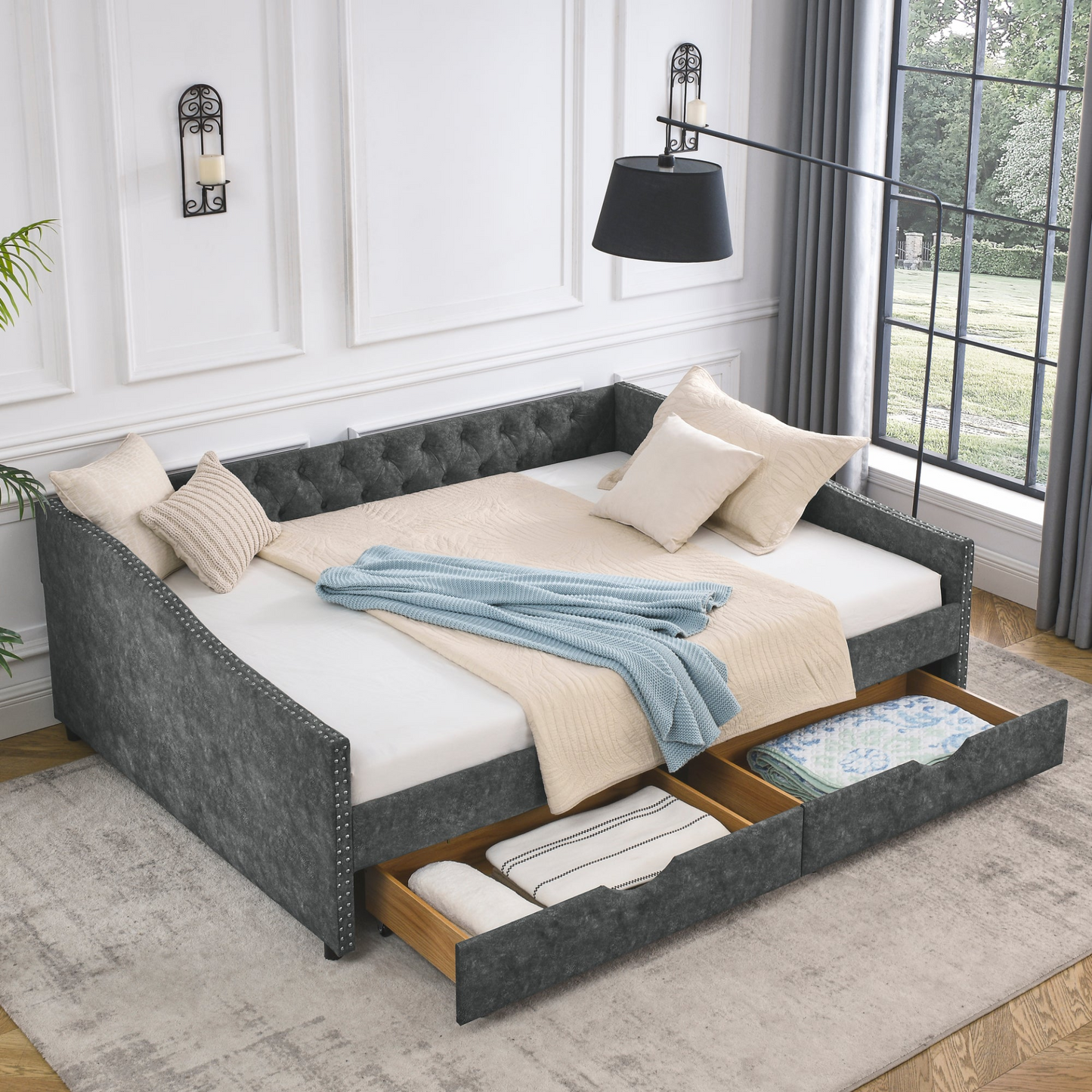 Queen Daybed with Drawers Upholstered, Grey (84.5"x63.5"x26.5")