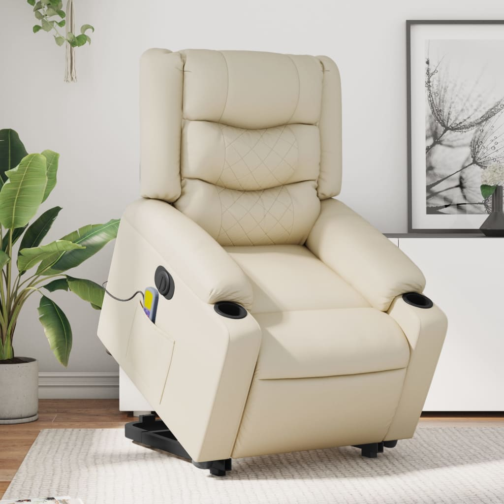 Electric Stand up Massage Recliner Chair Cream Faux Leather