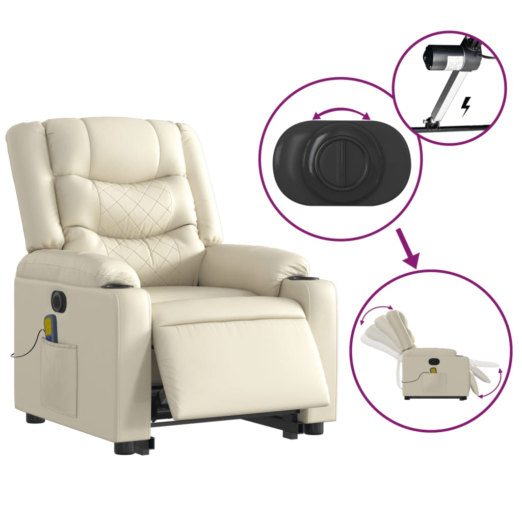 Electric Stand up Massage Recliner Chair Cream Faux Leather