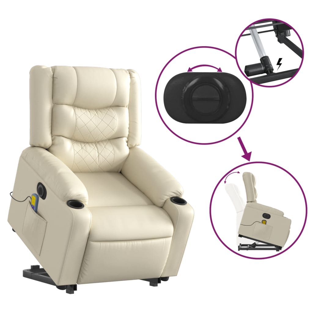 Electric Stand up Massage Recliner Chair Cream Faux Leather