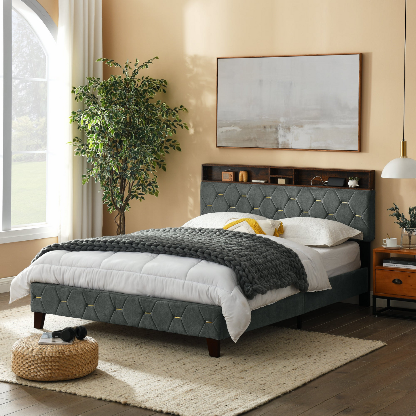 Queen Platform Bed with Outlet & USB Ports Grey