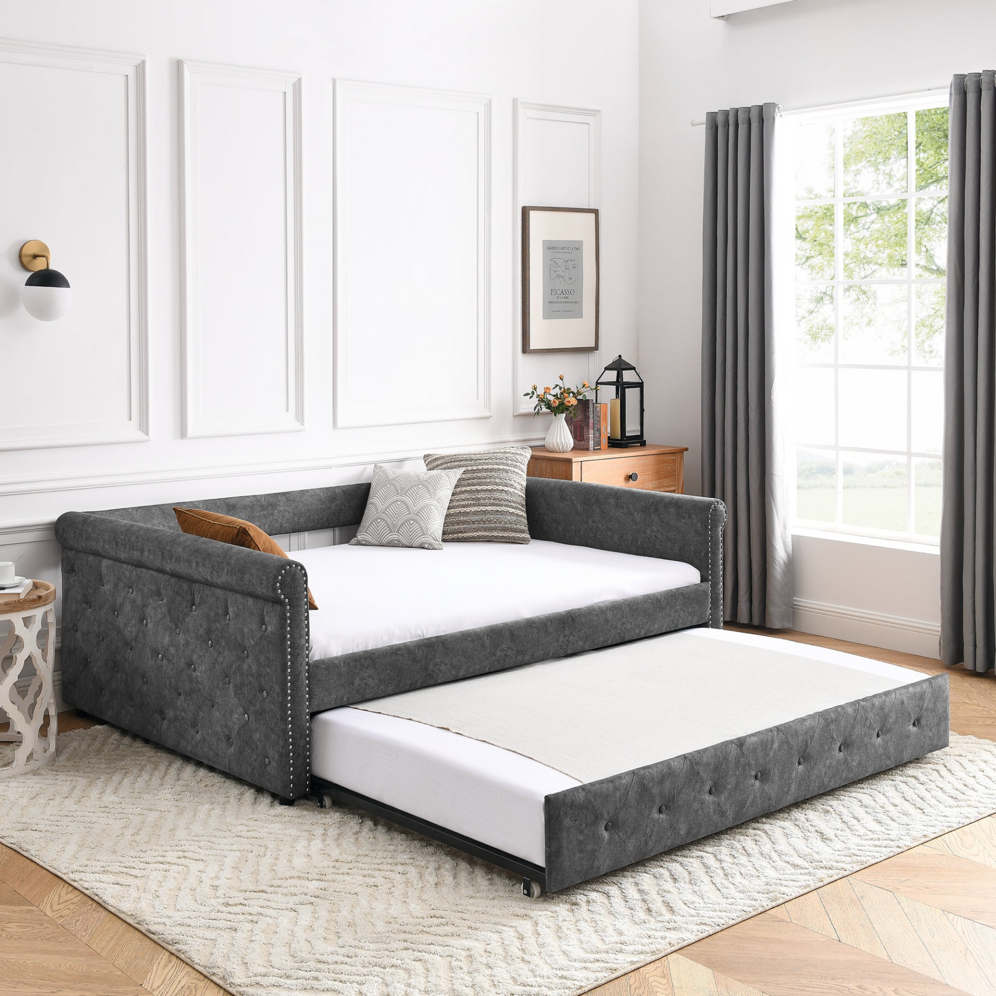 Full Daybed & Twin Trundle, Grey (85.5"x57"x30.5")