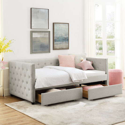 Upholstered Twin Size Daybed with Two Drawers, with Button and Copper Nail on Square Arms, Beige (82.75''x43''x30.75'')