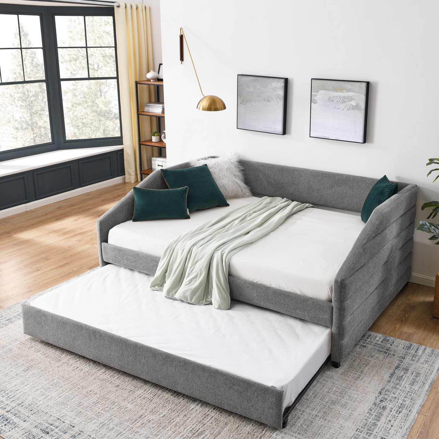 Full Size Daybed with Trundle, Linen Fabric, Grey (82.5"x58"x34")