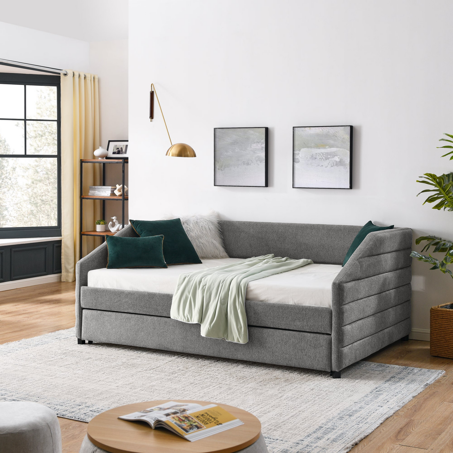 Full Size Daybed with Trundle, Linen Fabric, Grey (82.5"x58"x34")