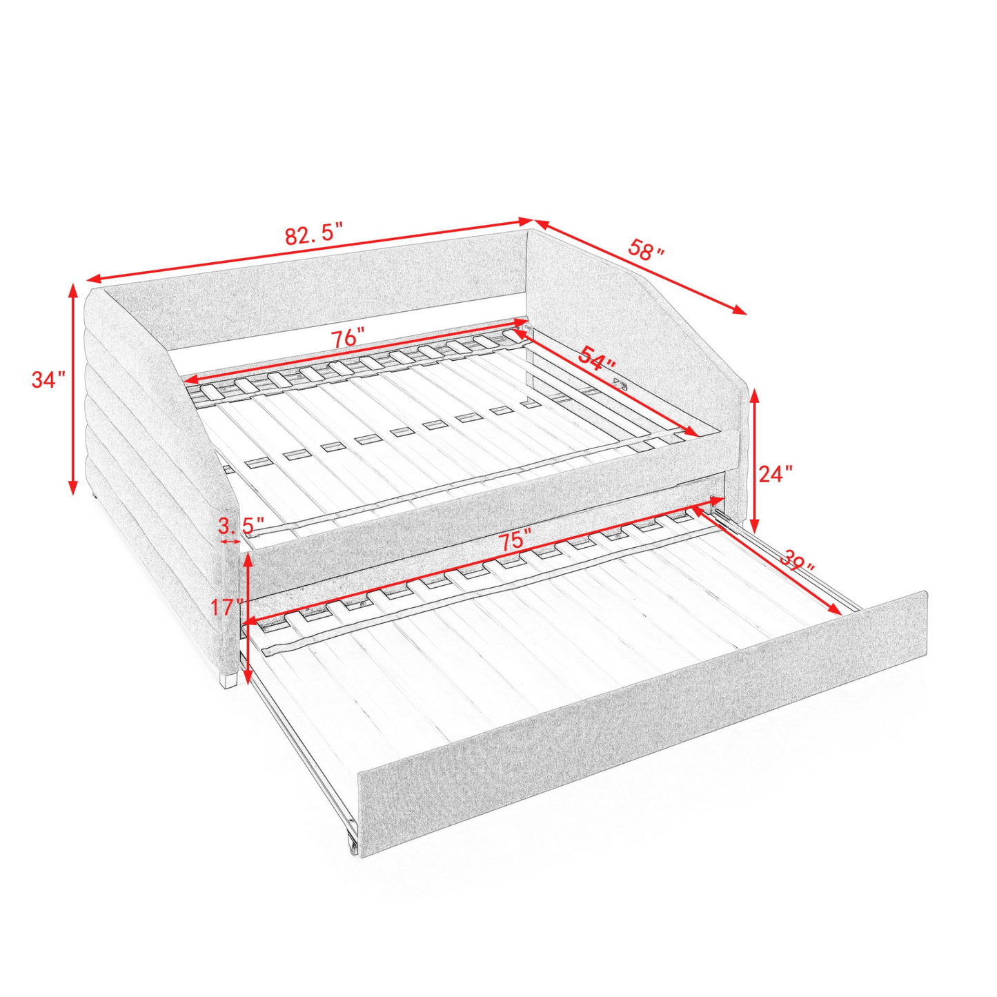 Full Size Daybed with Trundle, Linen Fabric, Grey (82.5"x58"x34")