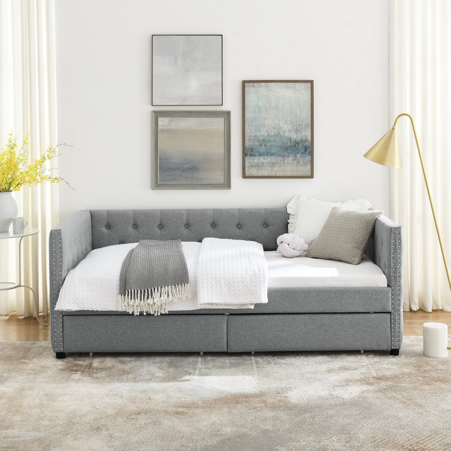 Upholstered Twin Size Daybed with Two Drawers, with Button and Copper Nail on Square Arms, Grey (82.75''x43''x30.75'')