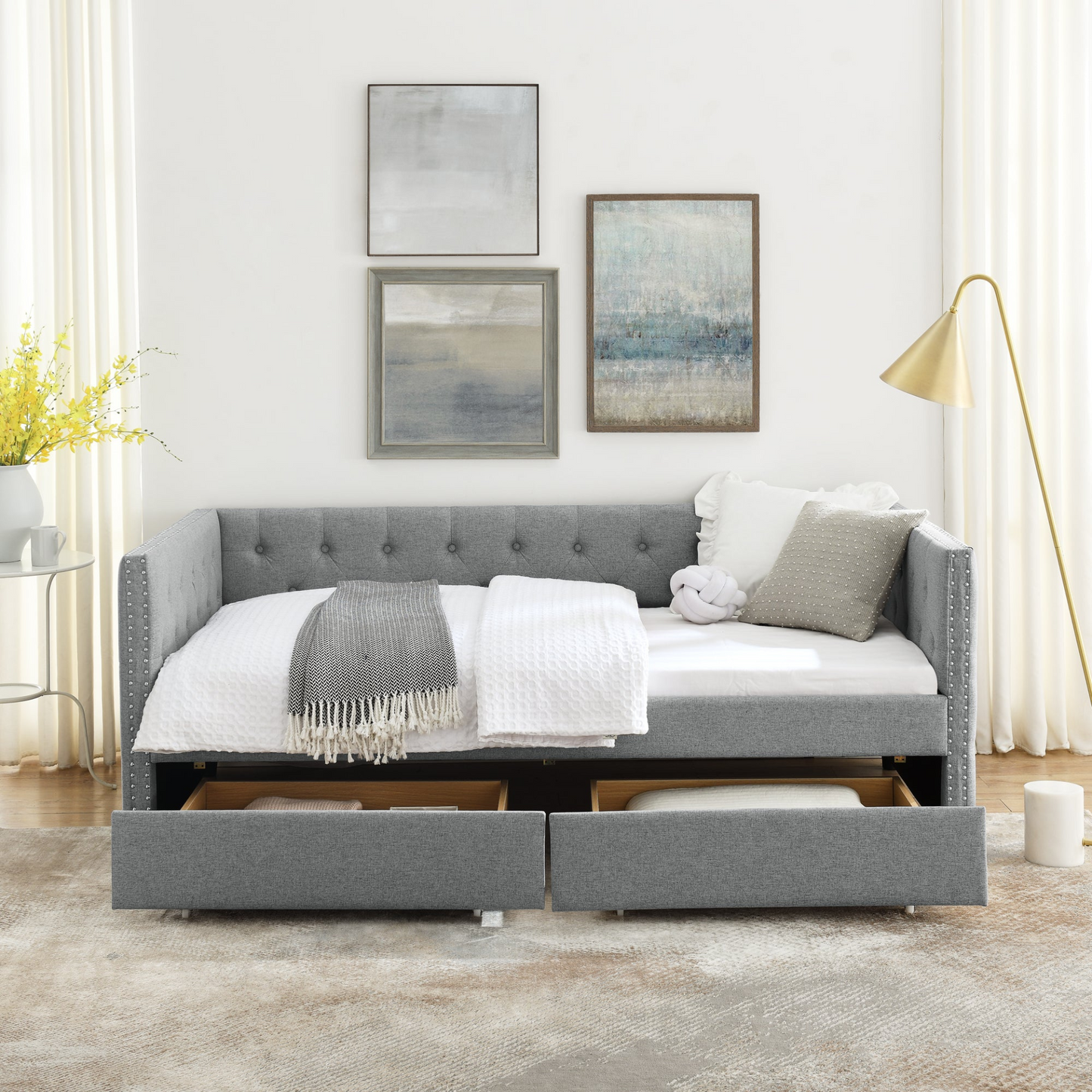 Upholstered Twin Size Daybed with Two Drawers, with Button and Copper Nail on Square Arms, Grey (82.75''x43''x30.75'')