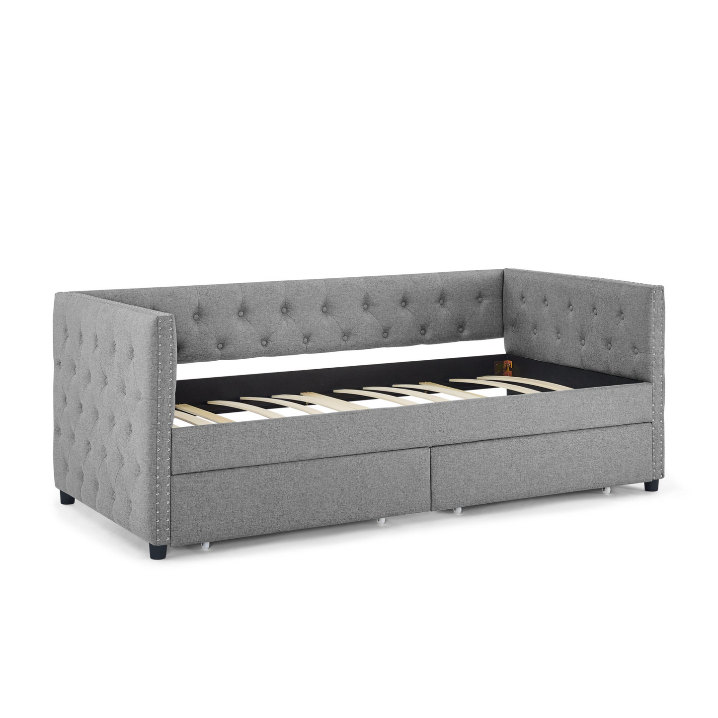 Upholstered Twin Size Daybed with Two Drawers, with Button and Copper Nail on Square Arms, Grey (82.75''x43''x30.75'')