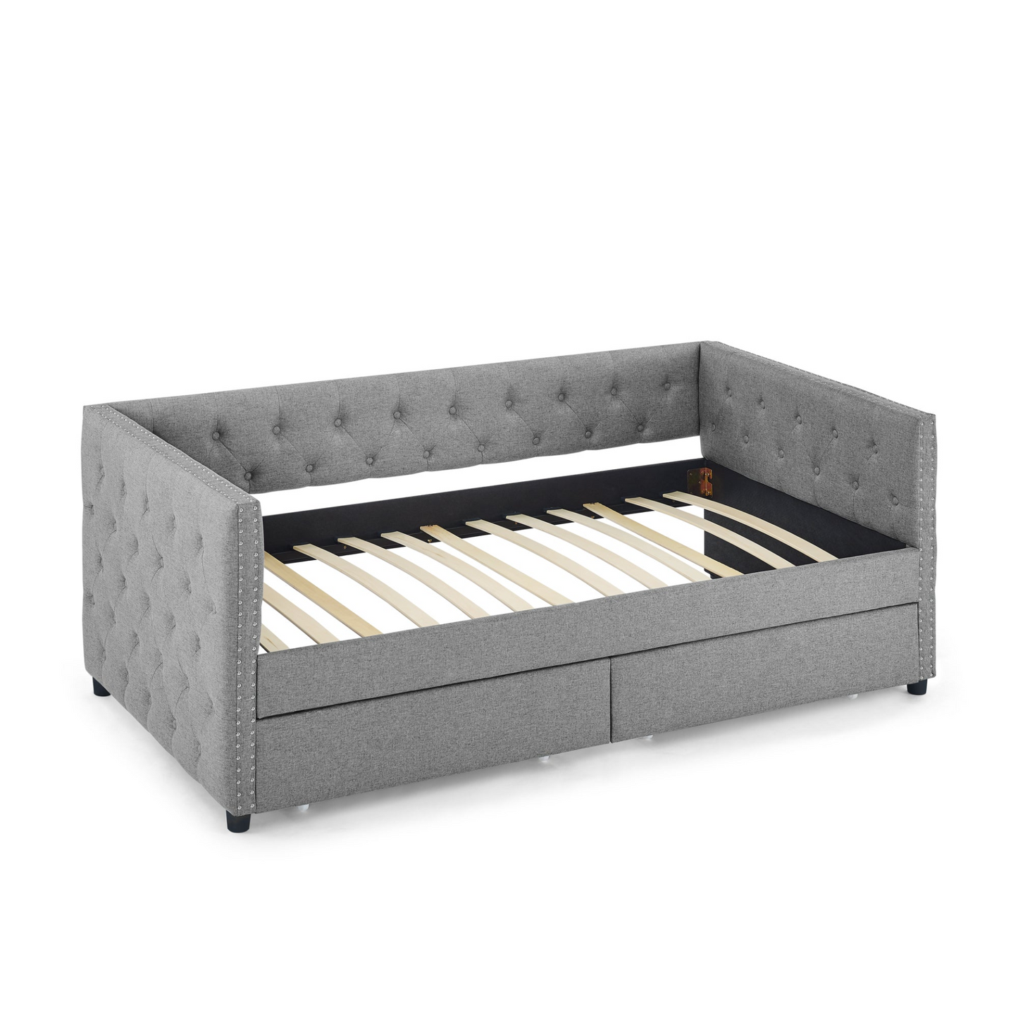 Upholstered Twin Size Daybed with Two Drawers, with Button and Copper Nail on Square Arms, Grey (82.75''x43''x30.75'')