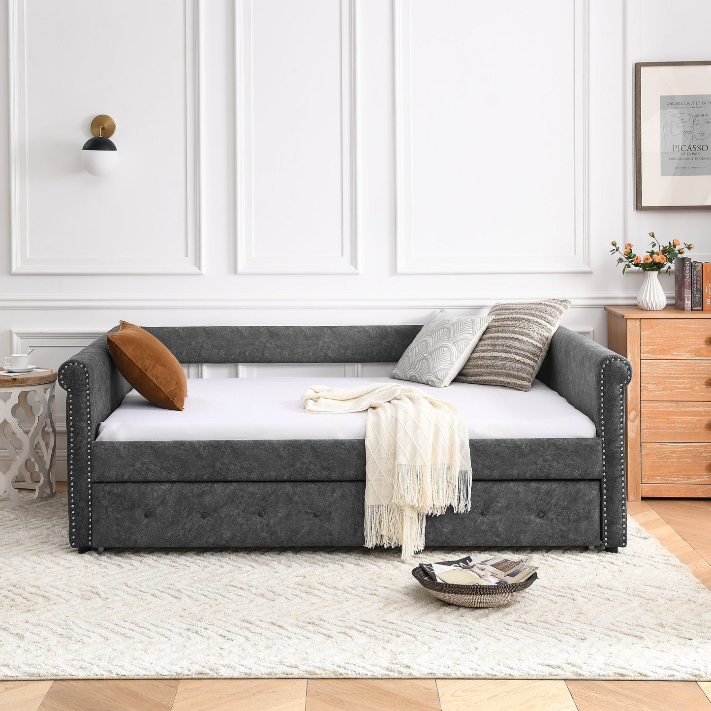 Full Daybed & Twin Trundle, Grey (85.5"x57"x30.5")