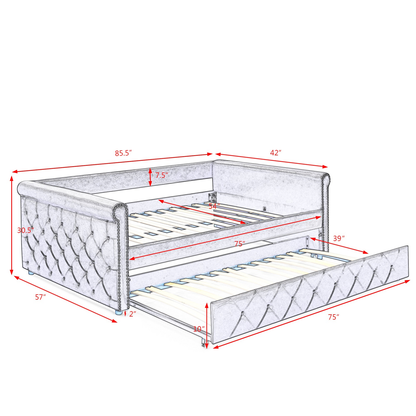 Full Daybed & Twin Trundle, Grey (85.5"x57"x30.5")