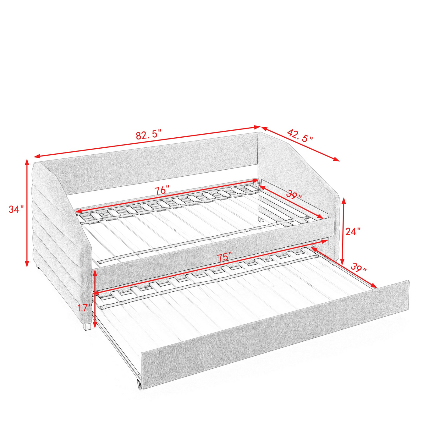 Twin Size Daybed with Trundle Upholstered Linen Fabric, Grey (82.5"x42.5"x34")