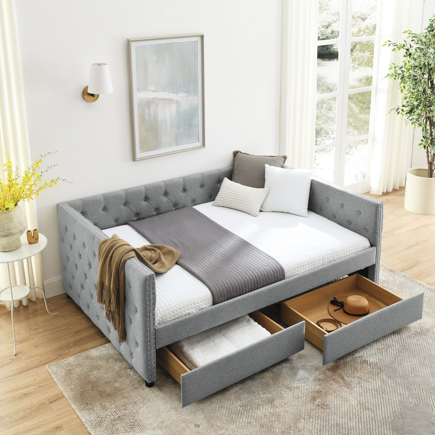 Upholstered Full Size Daybed with Two Drawers, with Button and Copper Nail on Square Arms, Grey (82.75''x58''x30.75'')