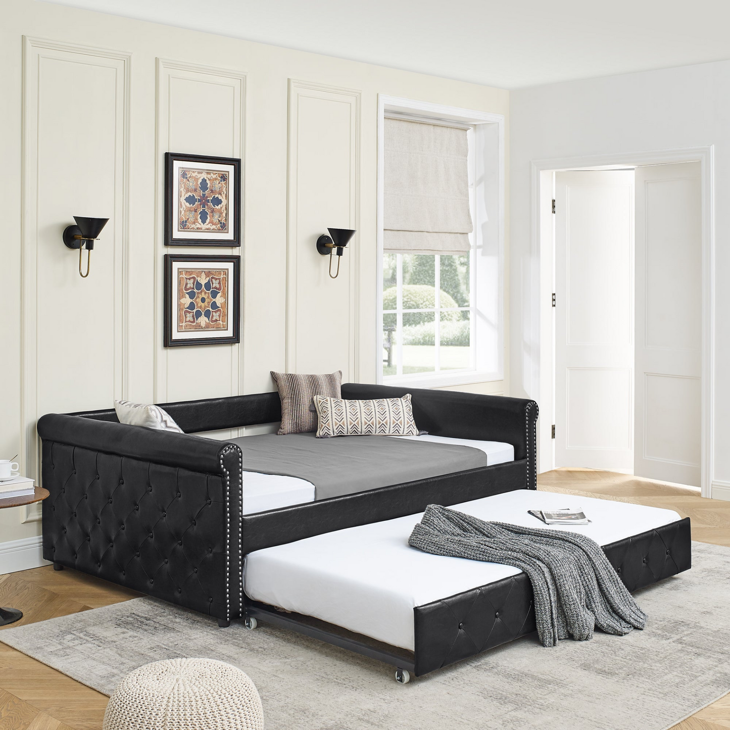 Full Daybed & Twin Trundle, PU Black (85.5"x57"x30.5")