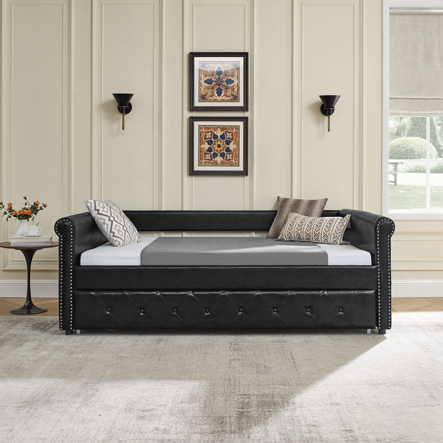 Full Daybed & Twin Trundle, PU Black (85.5"x57"x30.5")