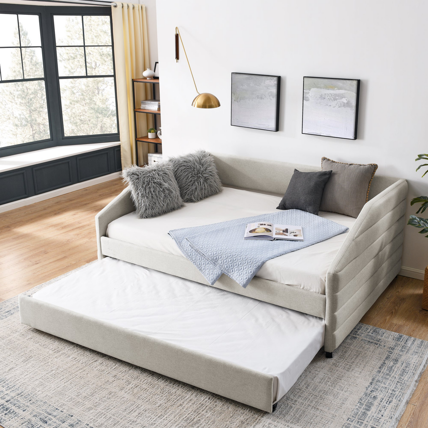 Full Size Daybed with Trundle, Linen Fabric, Beige (82.5"x58"x34")