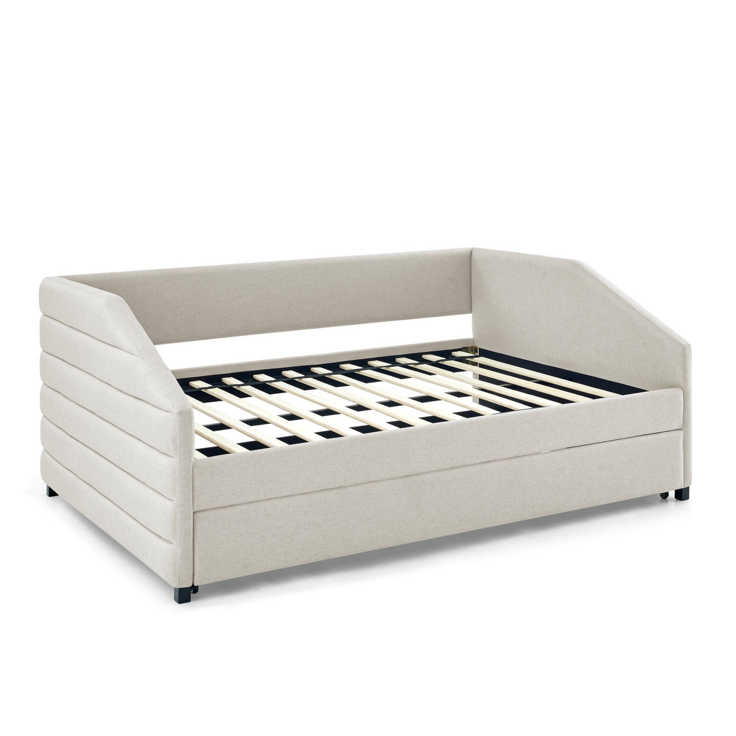 Full Size Daybed with Trundle, Linen Fabric, Beige (82.5"x58"x34")