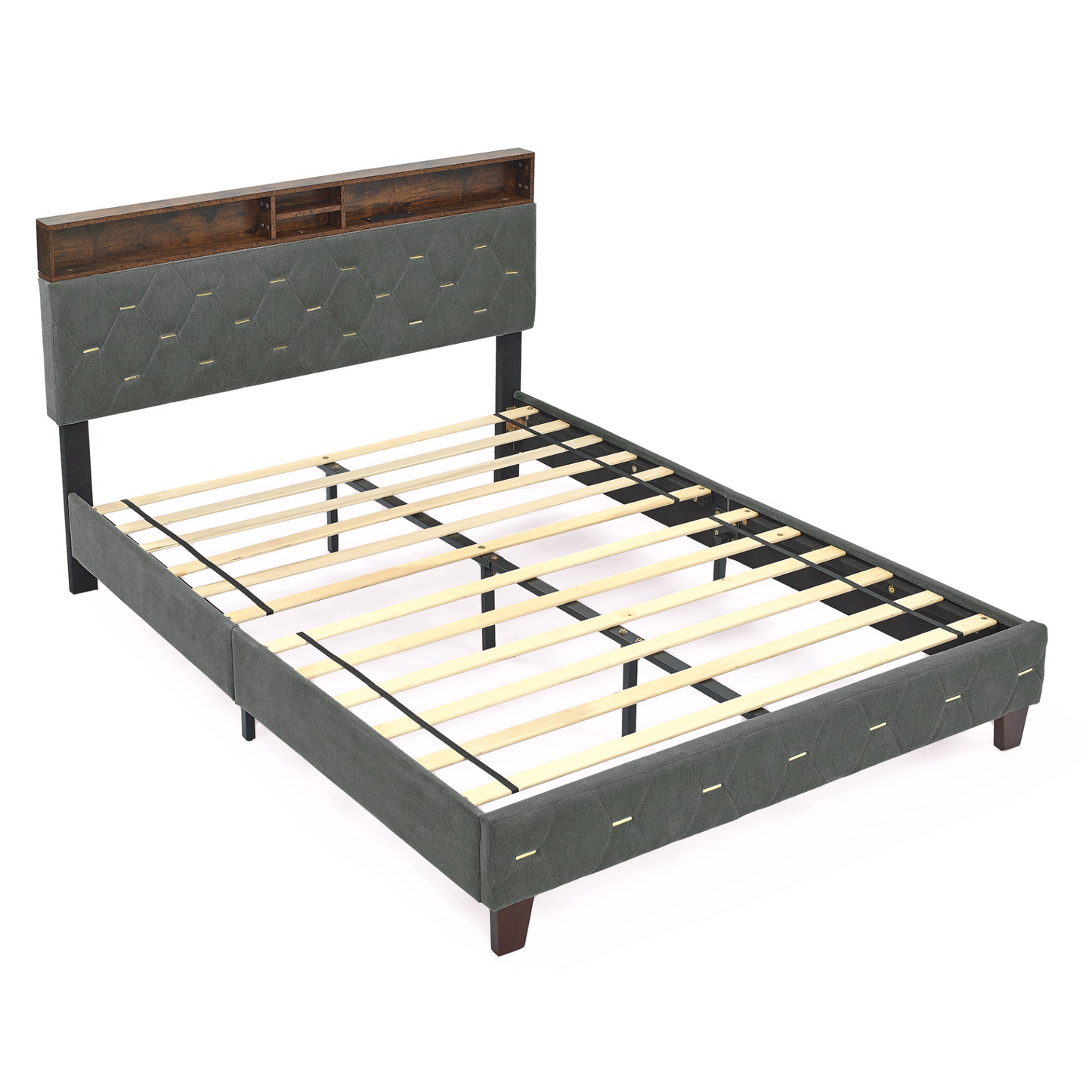 Queen Platform Bed with Outlet & USB Ports Grey