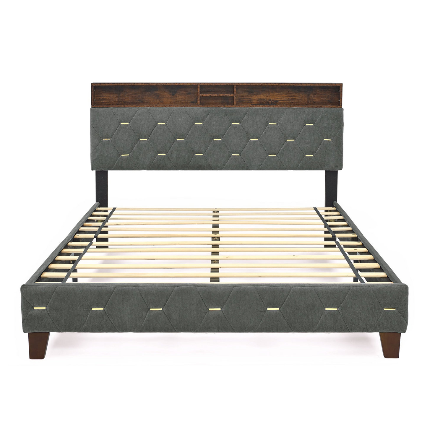 Queen Platform Bed with Outlet & USB Ports Grey