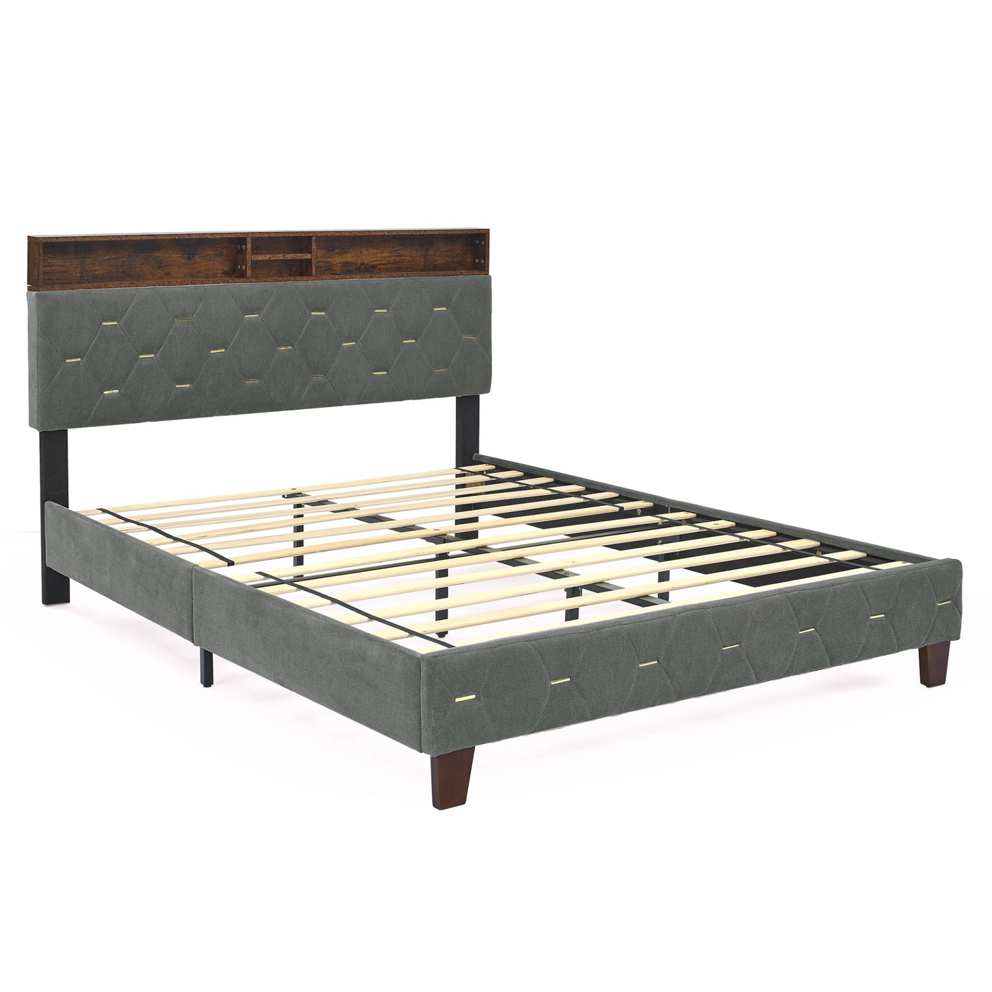 Queen Platform Bed with Outlet & USB Ports Grey