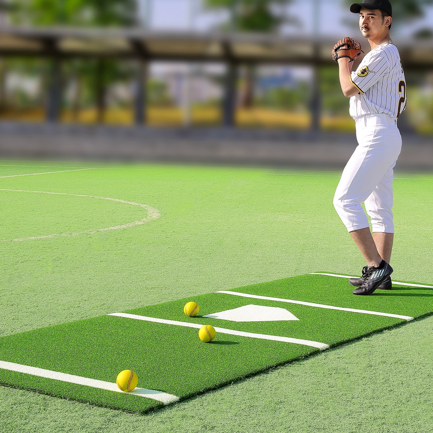 Baseball Softball Hitting Batting Mat, 10' x 3.8' Indoor/Outdoor Softball Mat, Lined & Foam Backing Anti-Slip Anti-Fade Softball Training Aid, Portable Practice Mat with Tightening Rope, Green