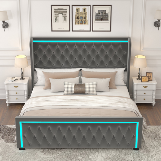 Queen Velvet Upholstered Bed with Deep Tufted Buttons, GREY