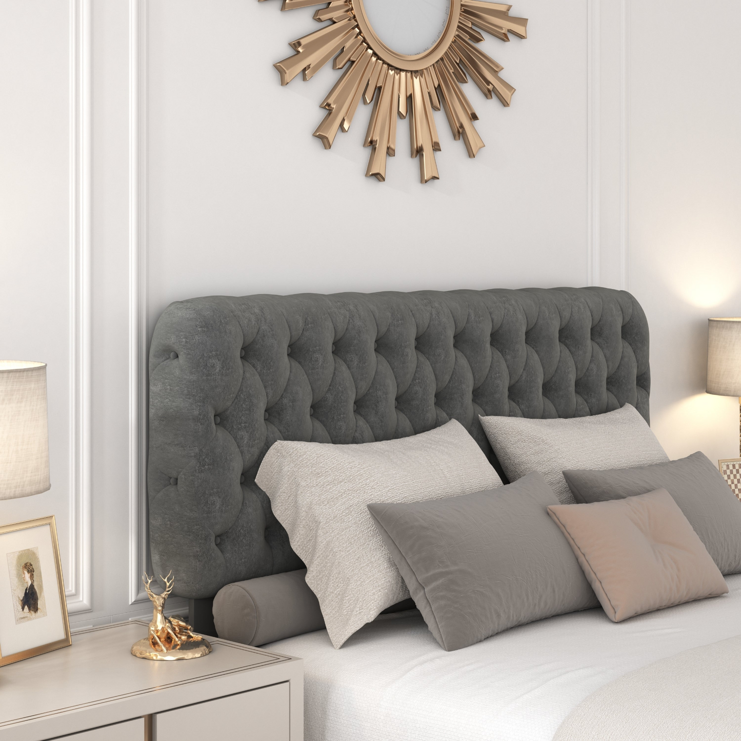 Queen Velvet Upholstered Bed with Deep Tufted Buttons, Gray