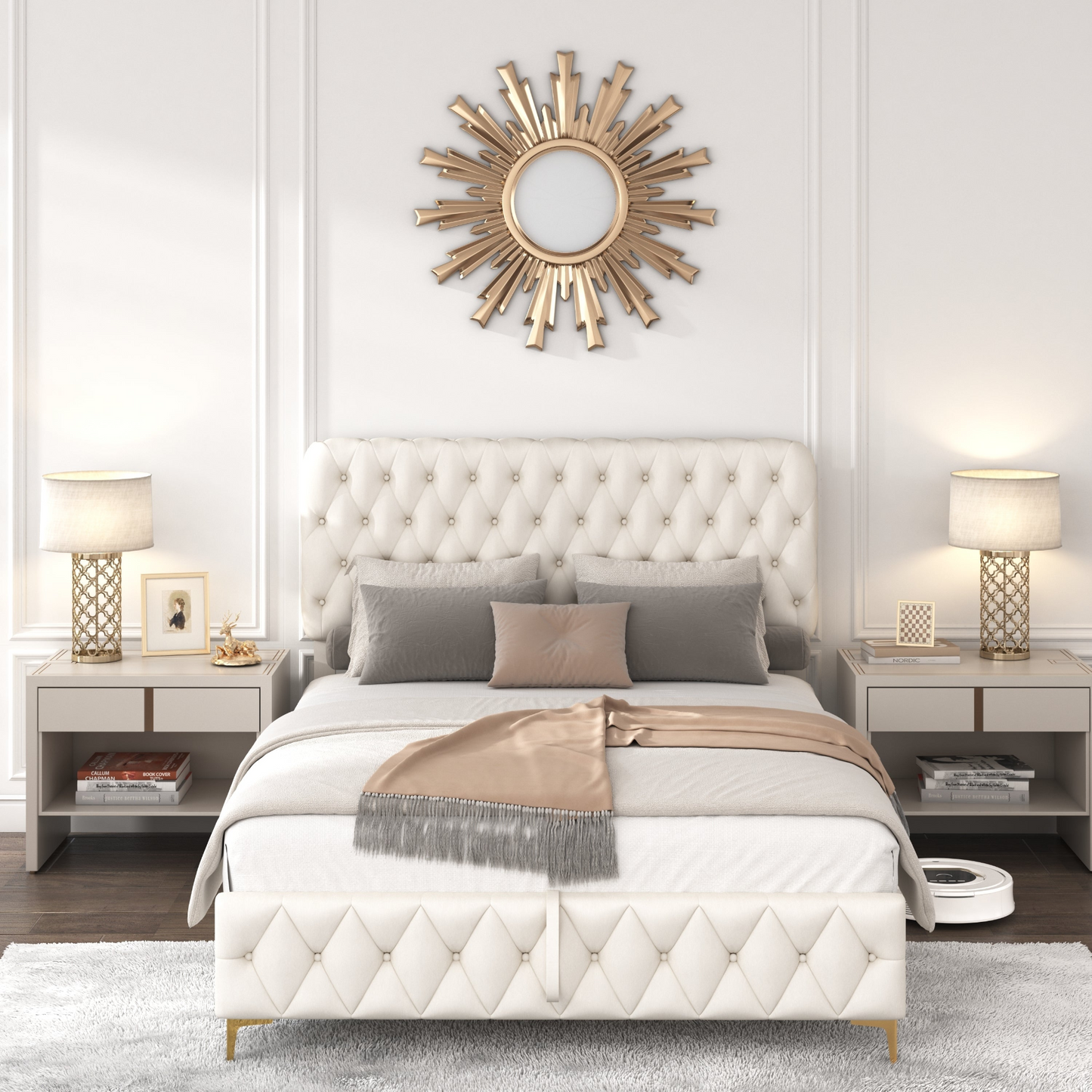 Full Velvet Upholstered Bed with Deep Tufted Buttons, Lift up storage, BEIGE